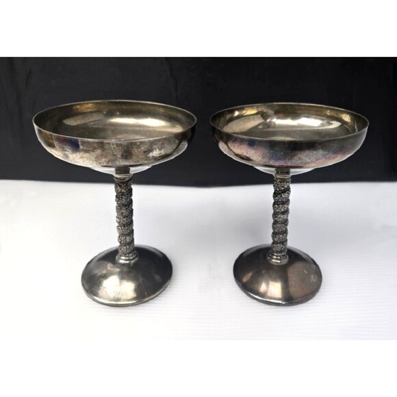 2 Vintage Roma S.L. Champagne Goblets Spain Twisted Grapevine Stem Silver Plate - Picture 2 of 14